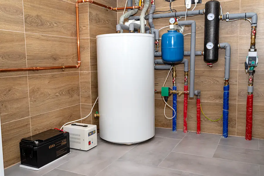 Tank water heater along side other plumbing equipment and pipes