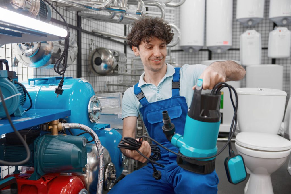 Plumber choosing water pump for heating systems at plumbing store