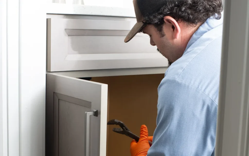 Plumber checking water supply connections during an annual plumbing service visit in the Triad NC
